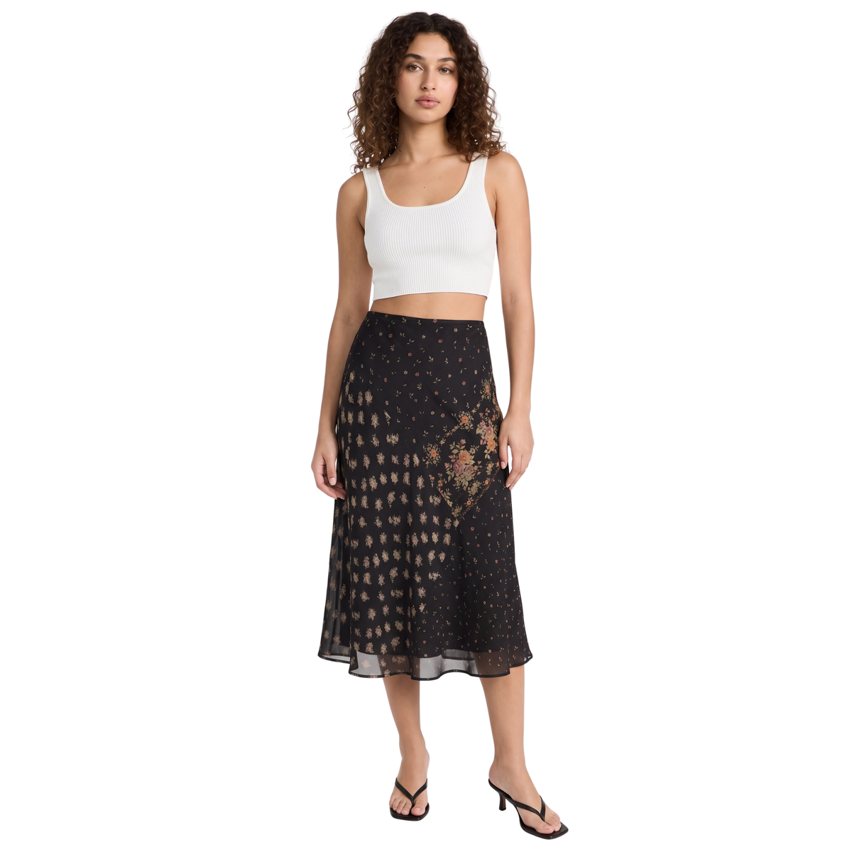 Vintage Floral Silk Midi Skirt