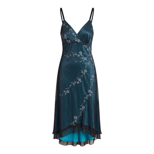 Early 2000s Beaded Aqua Blue & Black Mesh Dress