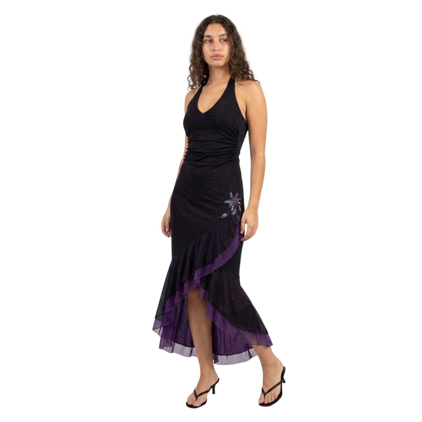 Vintage Black Halter Maxi Dress with a Ruffle Hem