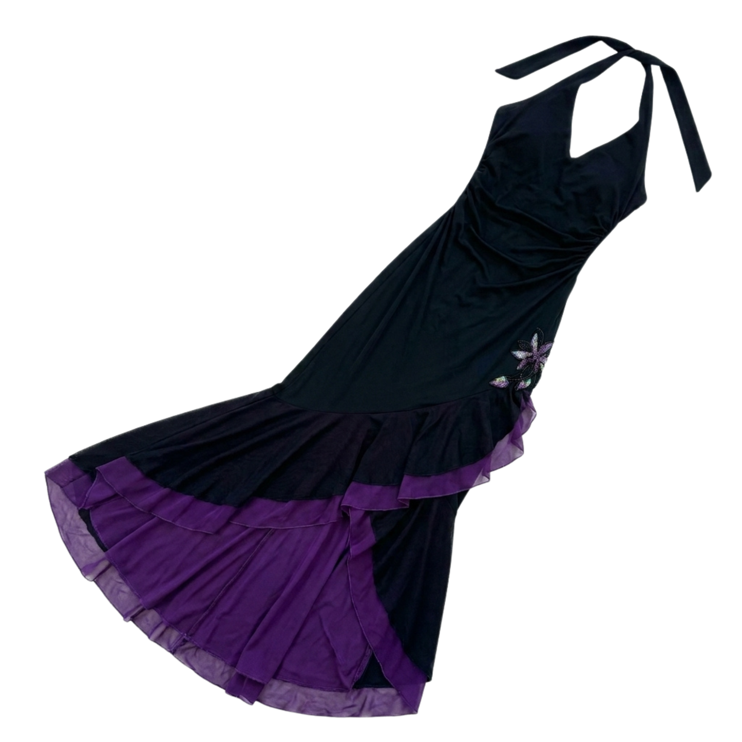 Vintage Black Halter Maxi Dress with a Ruffle Hem