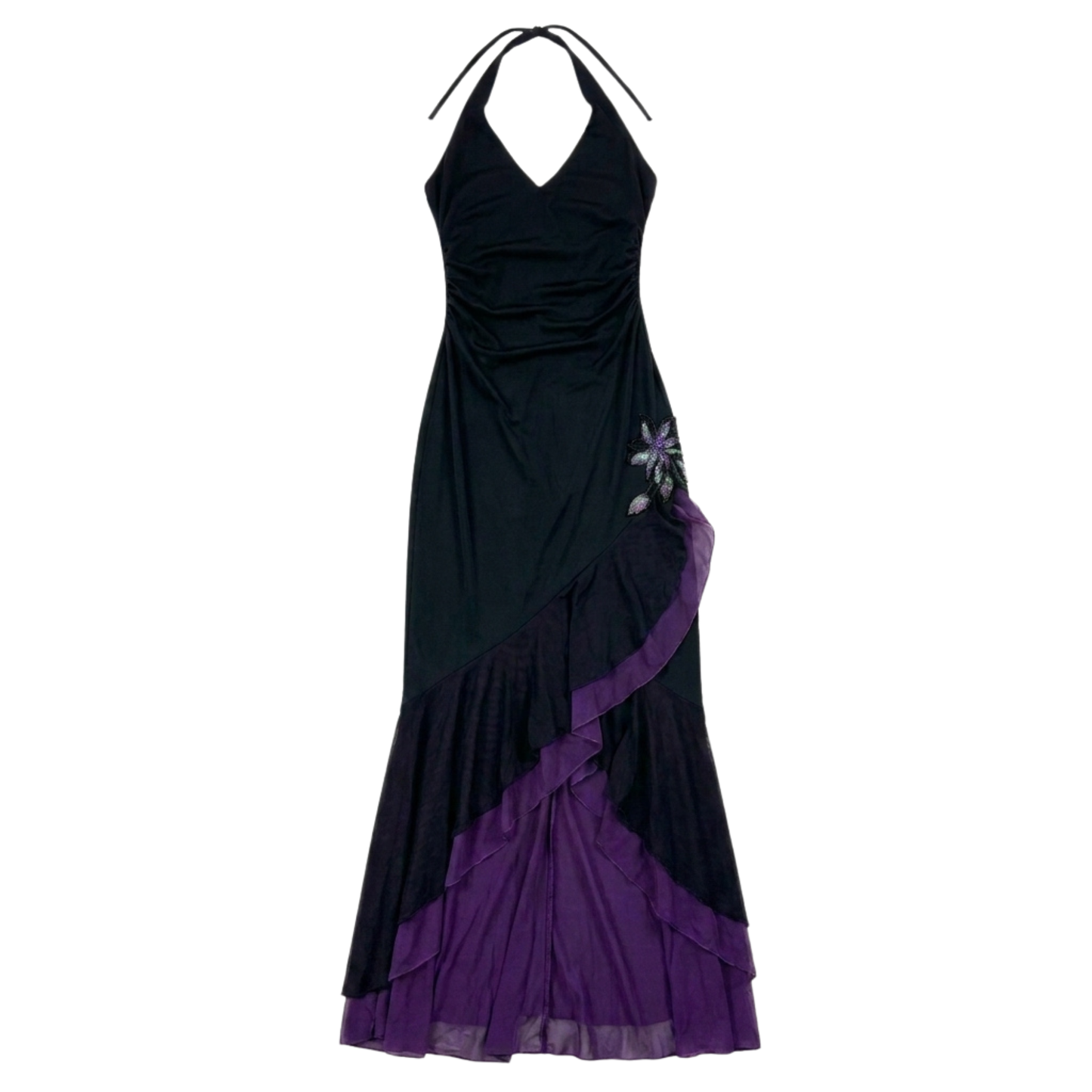 Vintage Black Halter Maxi Dress with a Ruffle Hem