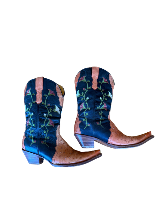 Rare Ostrich Leather Floral Embroidered Cowboy Boots by Rudel