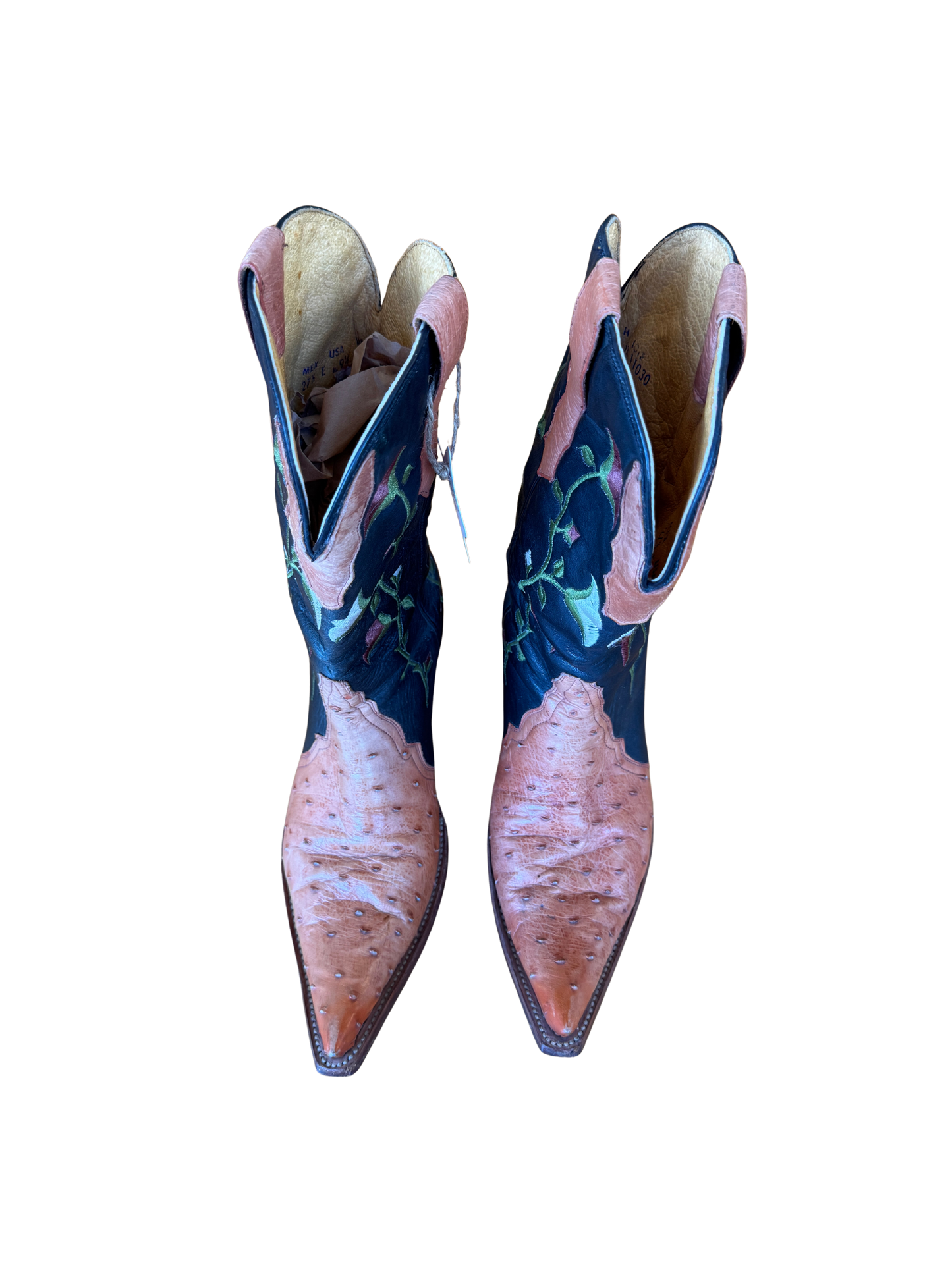 Rare Ostrich Leather Floral Embroidered Cowboy Boots by Rudel