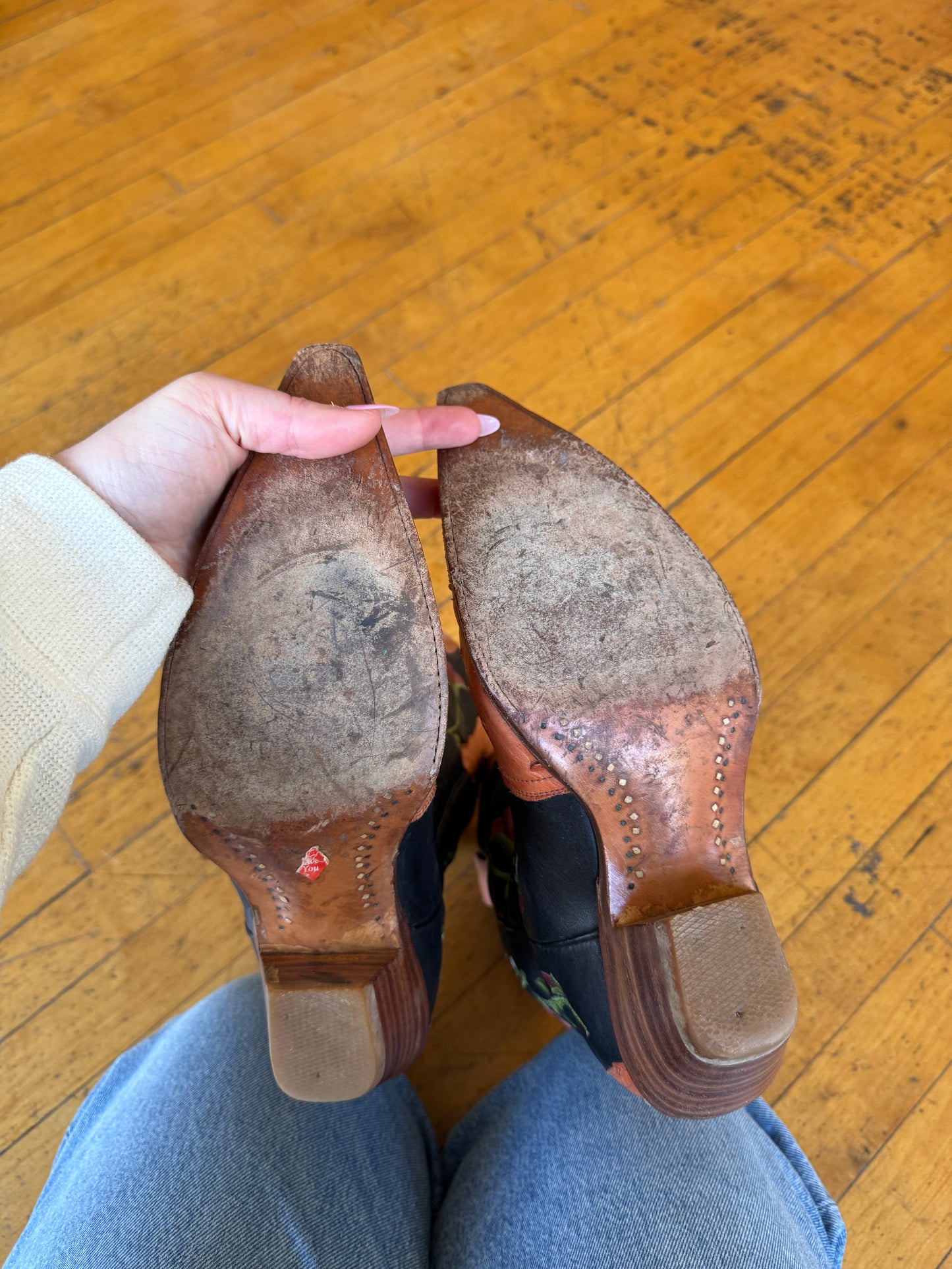 Rare Ostrich Leather Floral Embroidered Cowboy Boots by Rudel