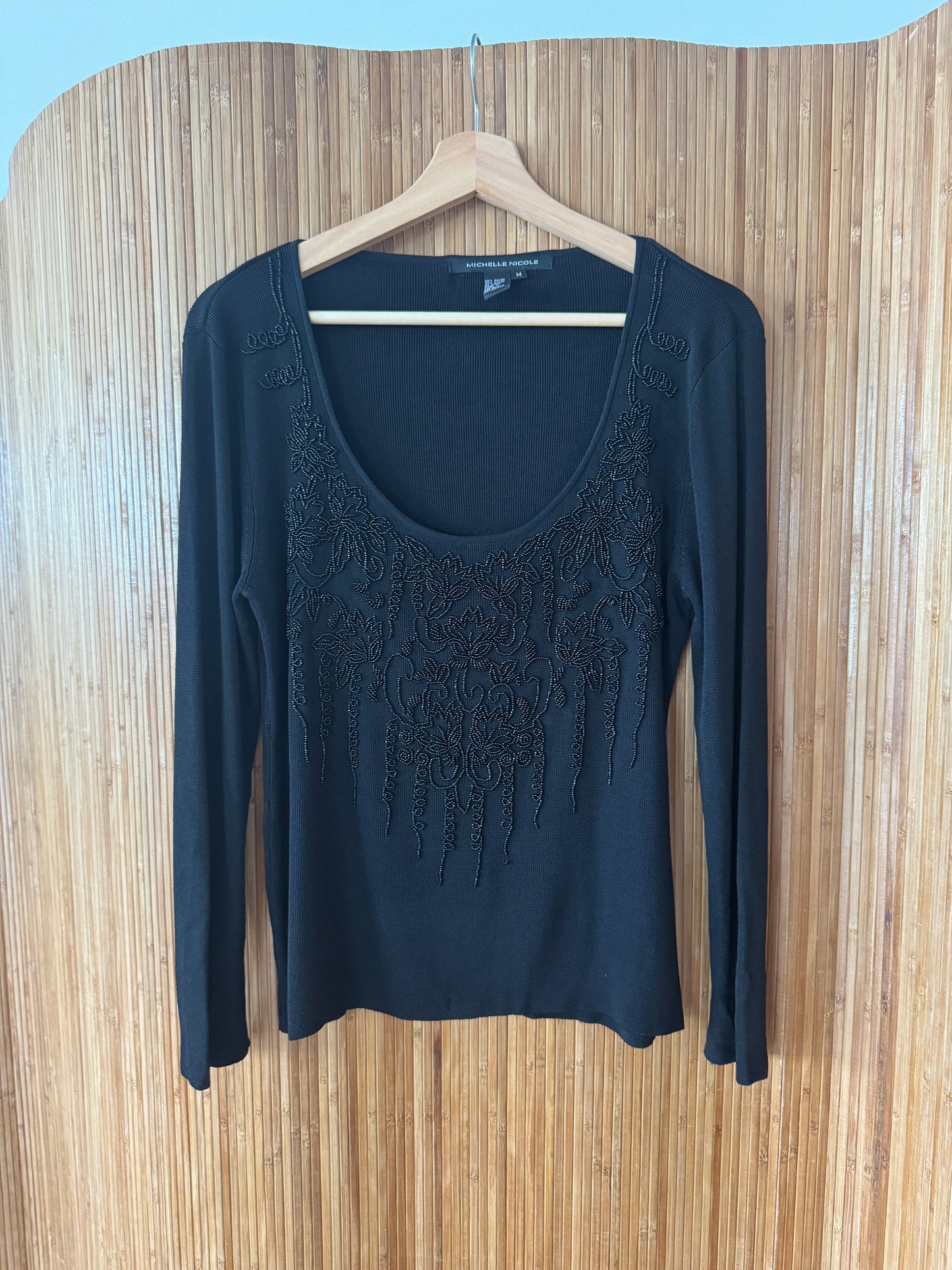 Vintage Beaded Black Long-Sleeve Top