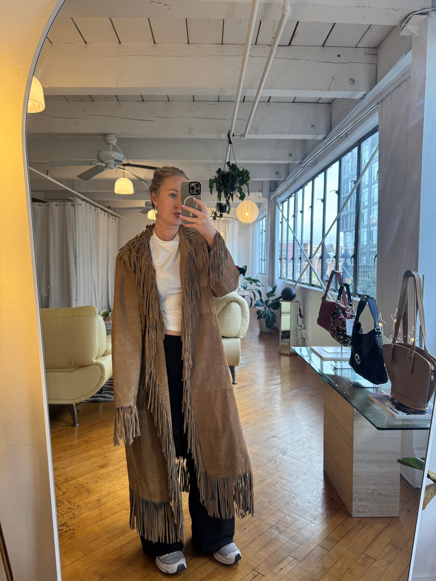 Vintage Suede Coat with Fringe Detailing