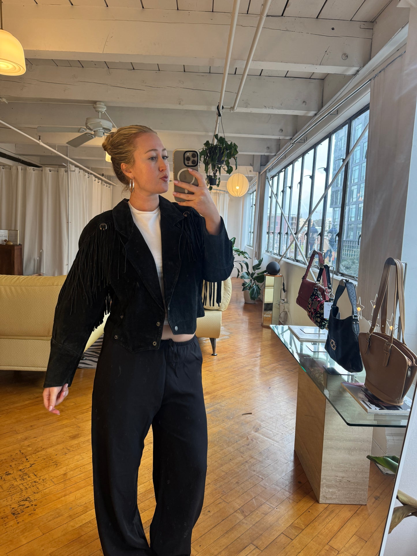 Vintage 1980s Black Fringe Suede Jacket