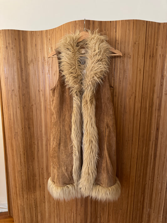 Vintage Suede Vest with Faux Fur Trimmings