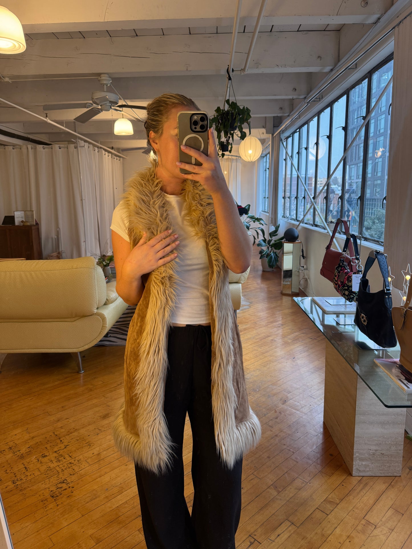 Vintage Suede Vest with Faux Fur Trimmings