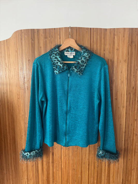 Nancy Bolen Y2K Fuzzy Cheetah Trim Top