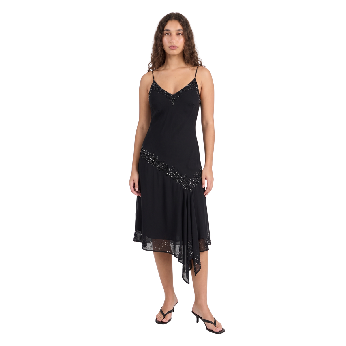 Early 2000s Black Silk Beaded & Sequin Midi Dress