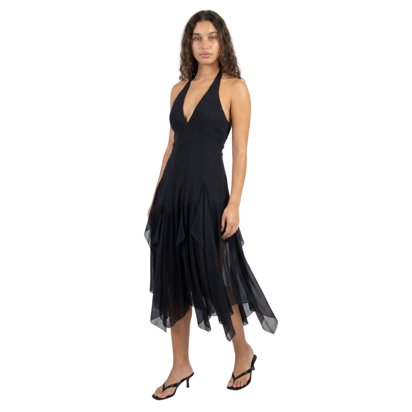 Vintage 100% Silk Black Halter Ruffle Dress