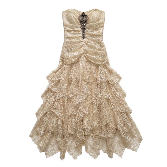Early 2000s White Ruffle & Lace Beaded Dress