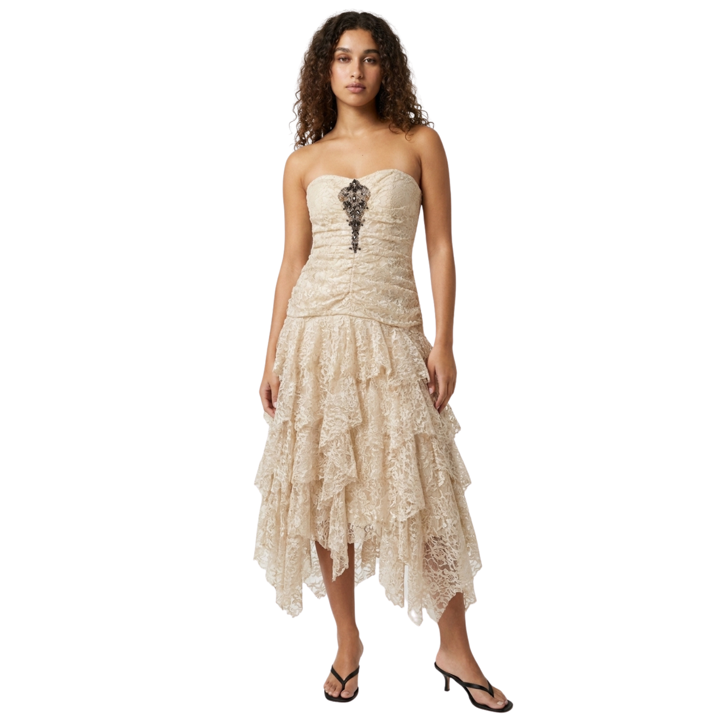 Early 2000s White Ruffle & Lace Beaded Dress