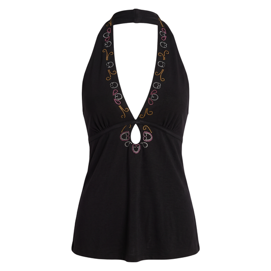 Black Early 2000s Beaded Halter Top