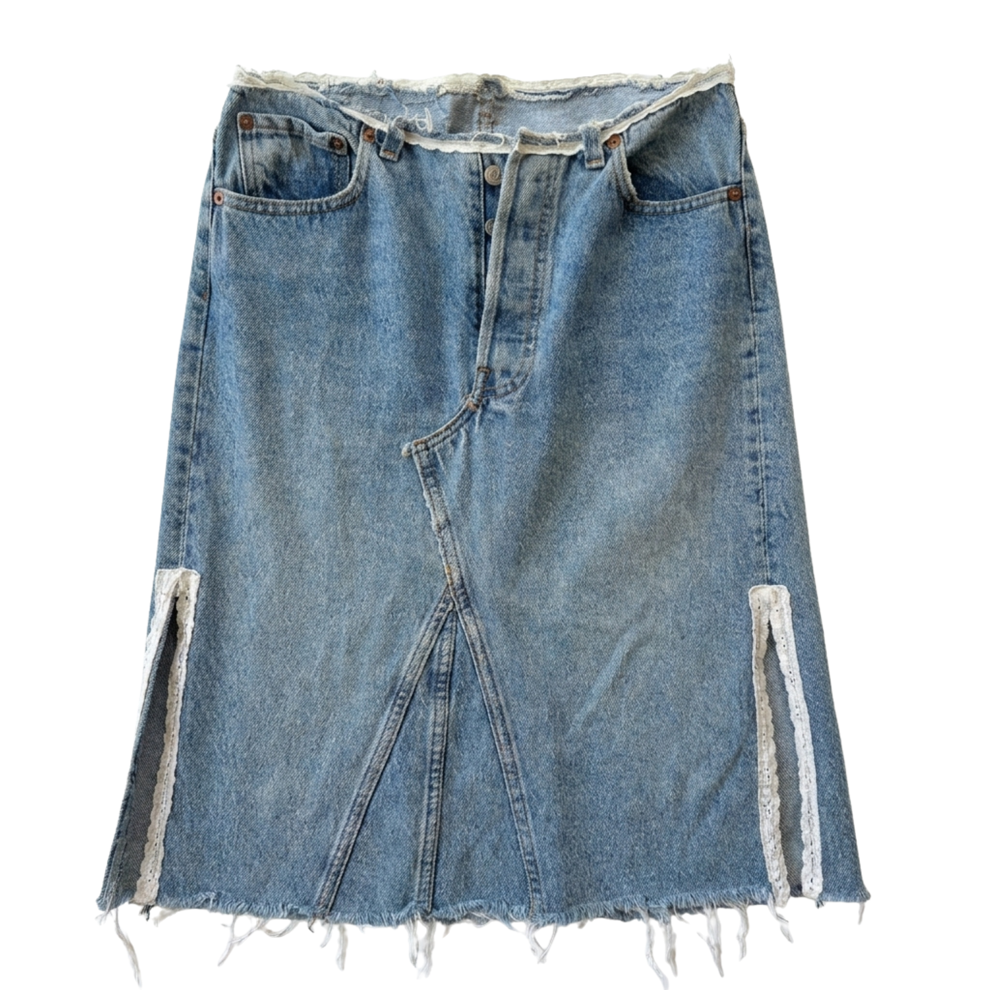Upcycled Levi's Midi Skirt with Lace Trim
