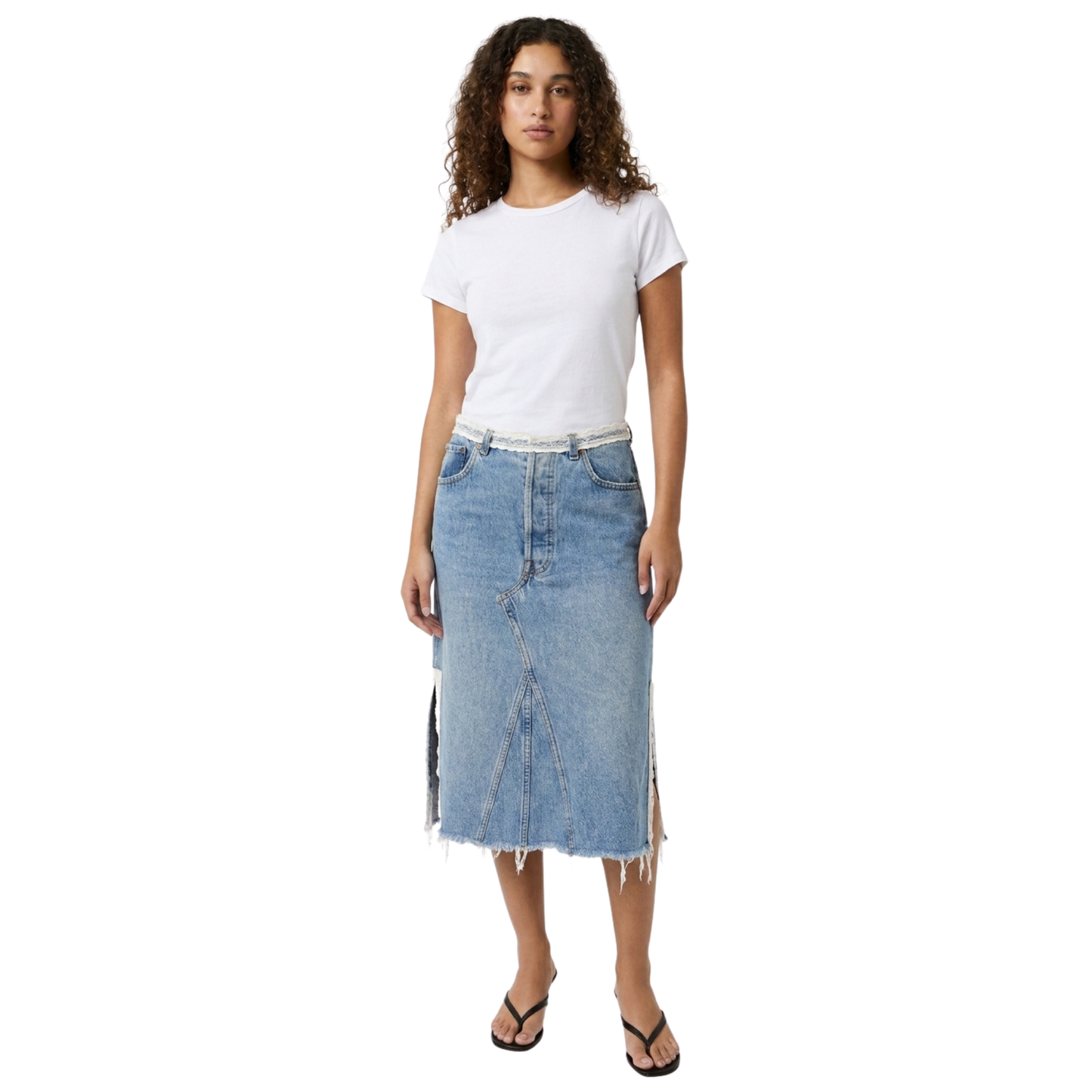 Upcycled Levi's Midi Skirt with Lace Trim