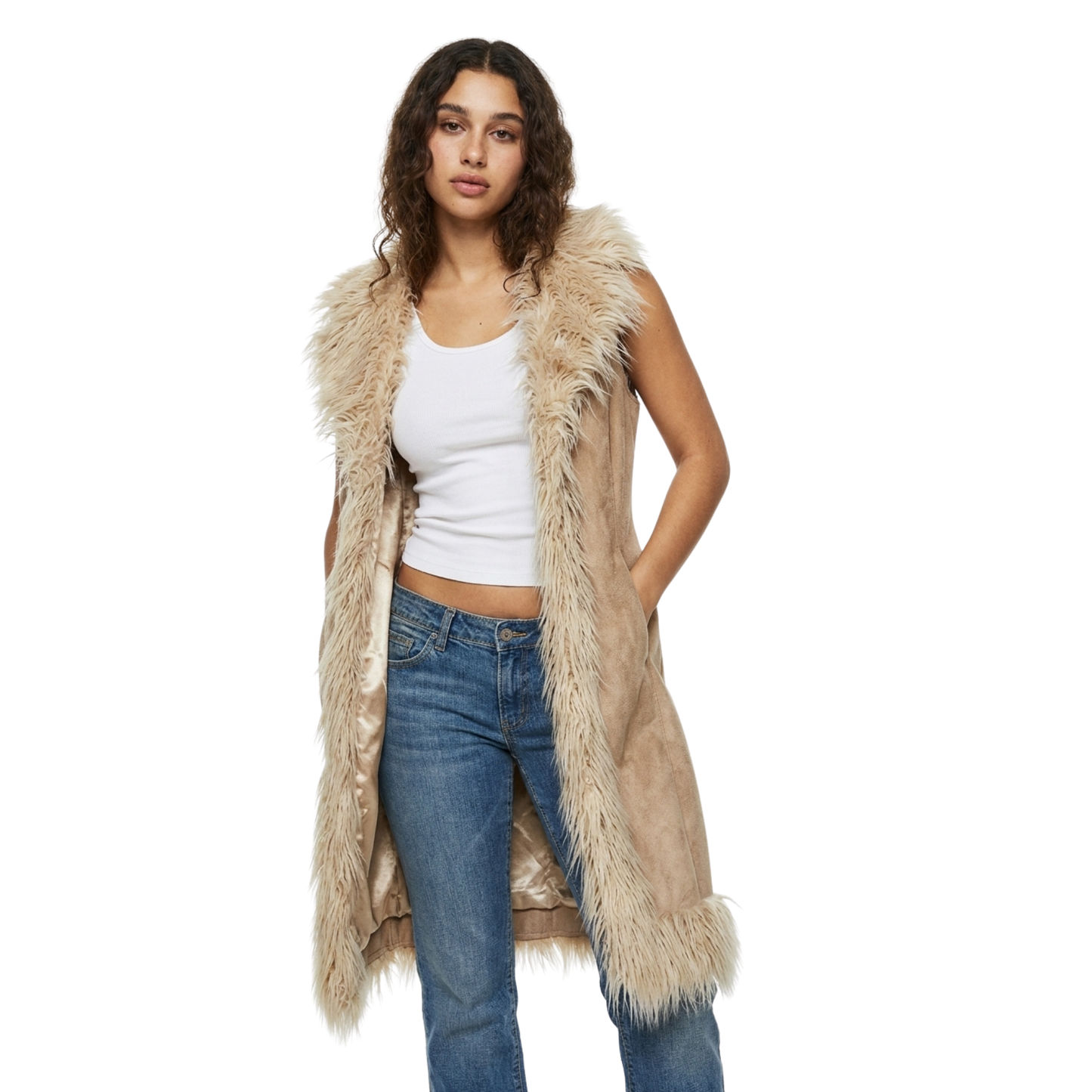 Vintage Suede Vest with Faux Fur Trimmings