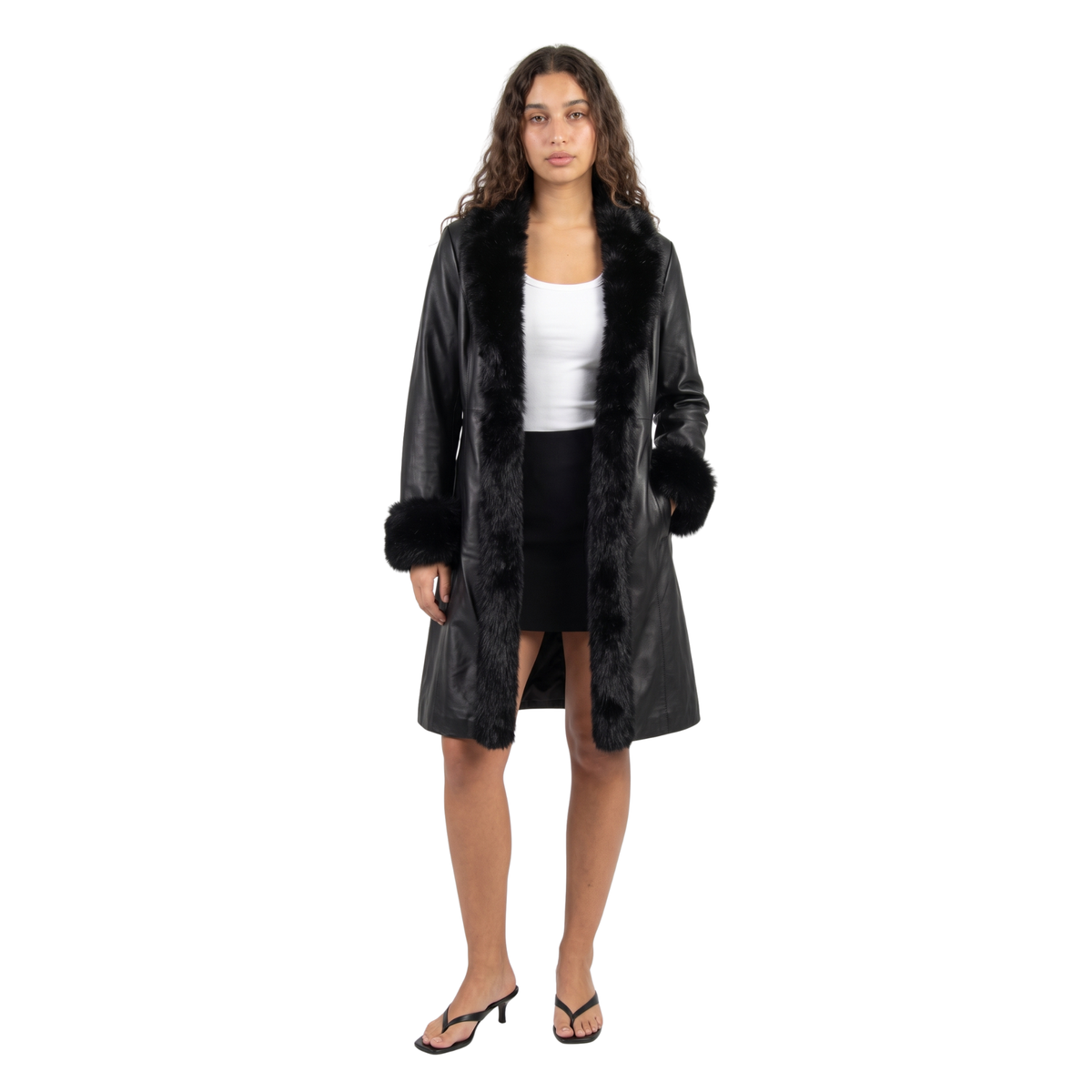 Vintage Black Leather Jacket with Faux Fur Trimmings